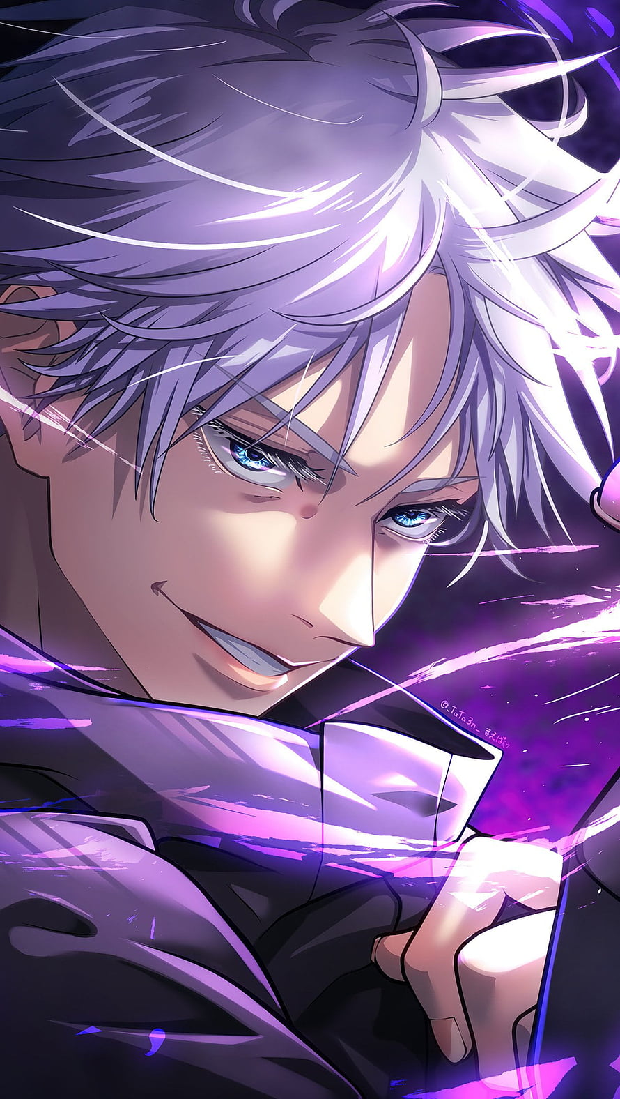 Satoru Gojo from Jujutsu Kaisen Anime with Silver Hair and Blue Eyes in Purple Light HD phone wallpaper