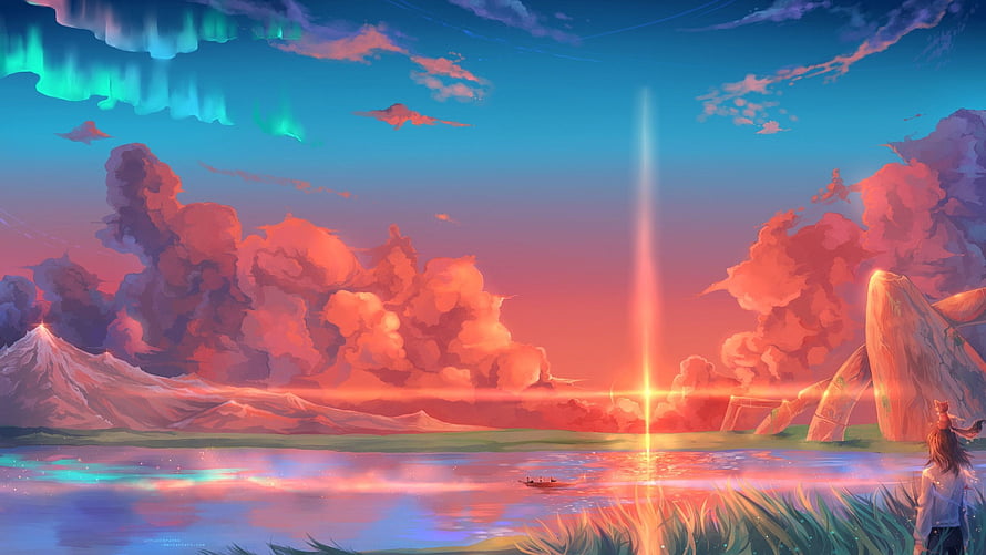 Surreal Anime Landscape with Aurora, Vibrant Sunset Clouds, and Reflective Lake HD wallpaper
