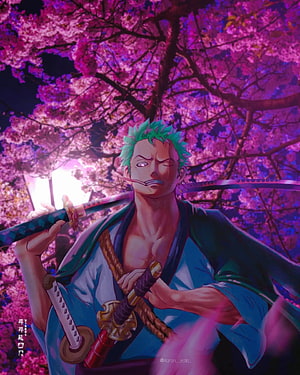 Roronoa Zoro Under Vibrant Cherry Blossoms in One Piece Anime Art HD phone wallpaper