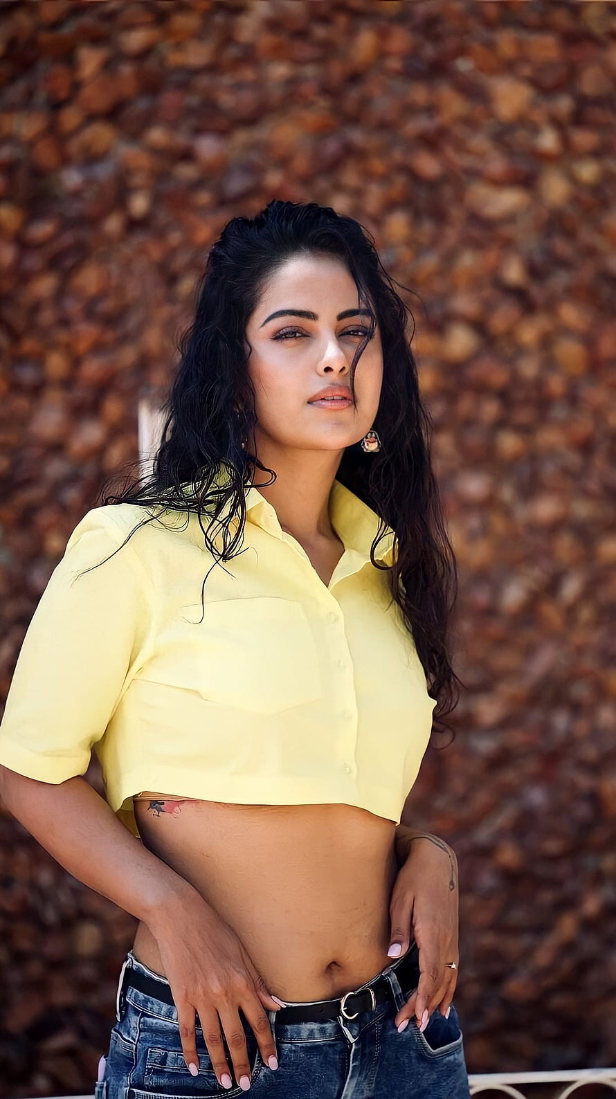 Avika Gor in a cropped yellow shirt and denim jeans against a textured stone wall HD phone wallpaper