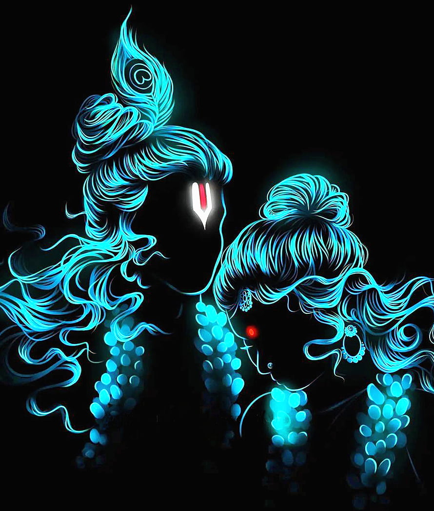 Lord Krishna and Radha in Electric Blue Neon Line Art with Glowing Silhouettes HD phone wallpaper