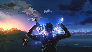 Sword Art Online Dual Wielder Silhouette at Sunset with Glowing Blades HD wallpaper