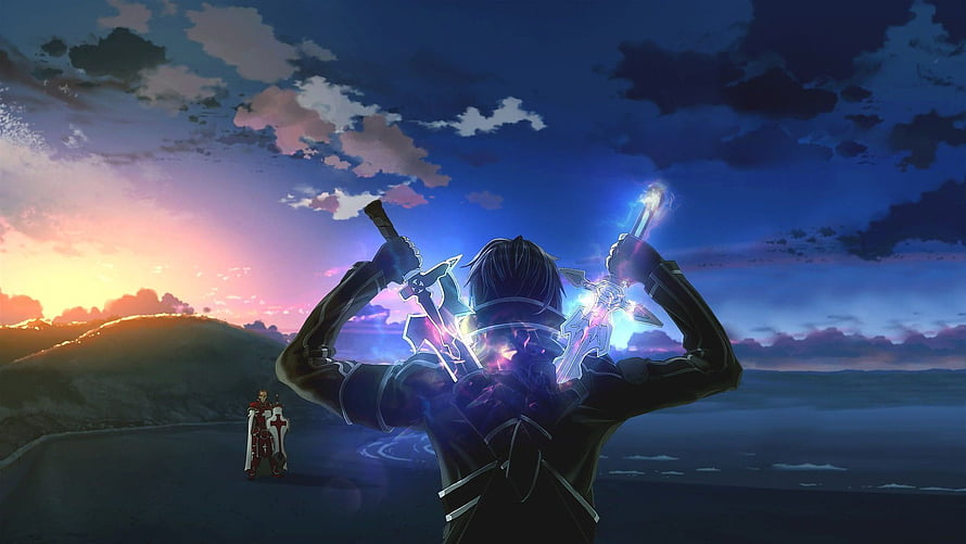 Sword Art Online Dual Wielder Silhouette at Sunset with Glowing Blades HD wallpaper
