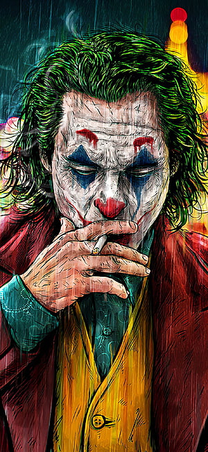 Joker Character Illustration Smoking Cigarette in Rainy Urban Setting HD phone wallpaper