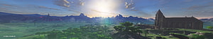 The Legend of Zelda Breath of the Wild Panoramic Landscape with Ancient Ruins and Distant Mountains HD wallpaper