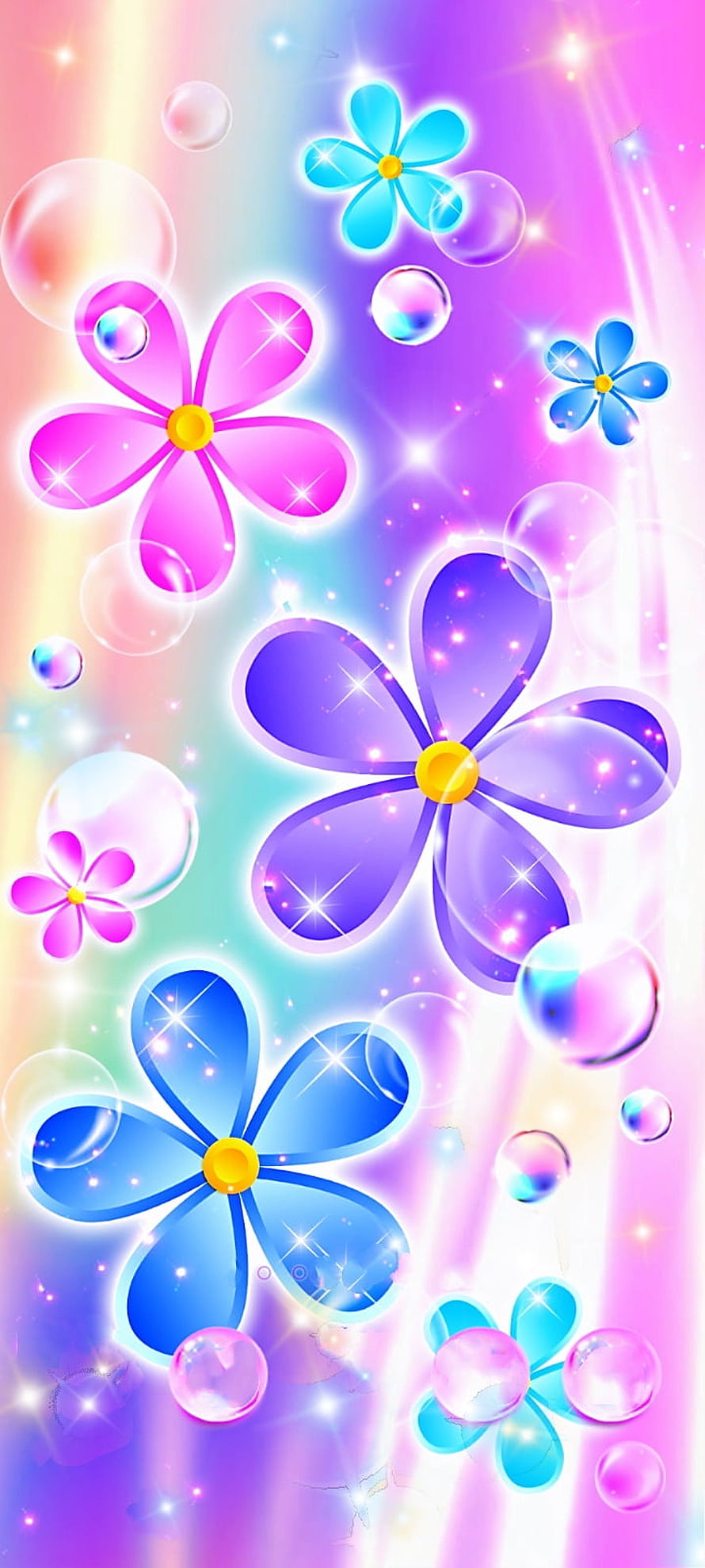 Pastel Rainbow Flower Wallpaper with Sparkling Bubbles and Glowing Petals HD phone wallpaper