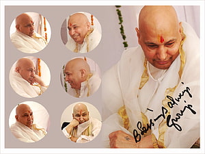 Guruji Portrait Collage with White Robes and Marigold Garland HD wallpaper