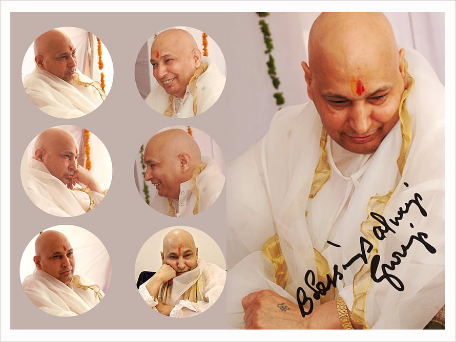 Guruji Portrait Collage with White Robes and Marigold Garland HD wallpaper