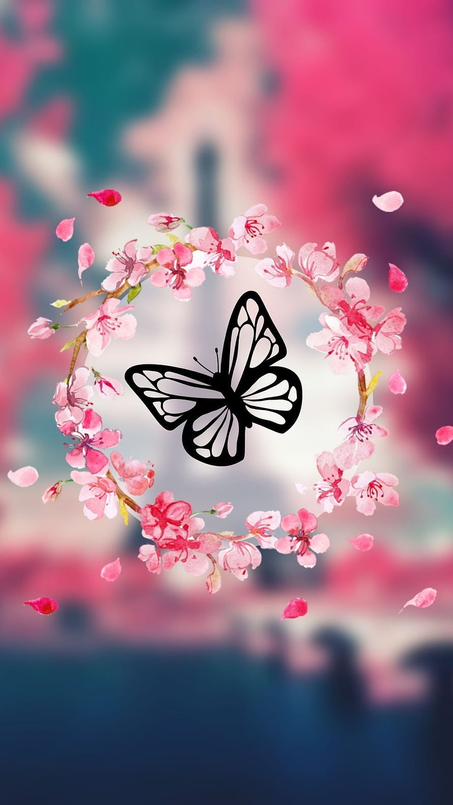 Black Butterfly Silhouette Inside a Watercolor Cherry Blossom Wreath on a Soft Blurred Background HD phone wallpaper