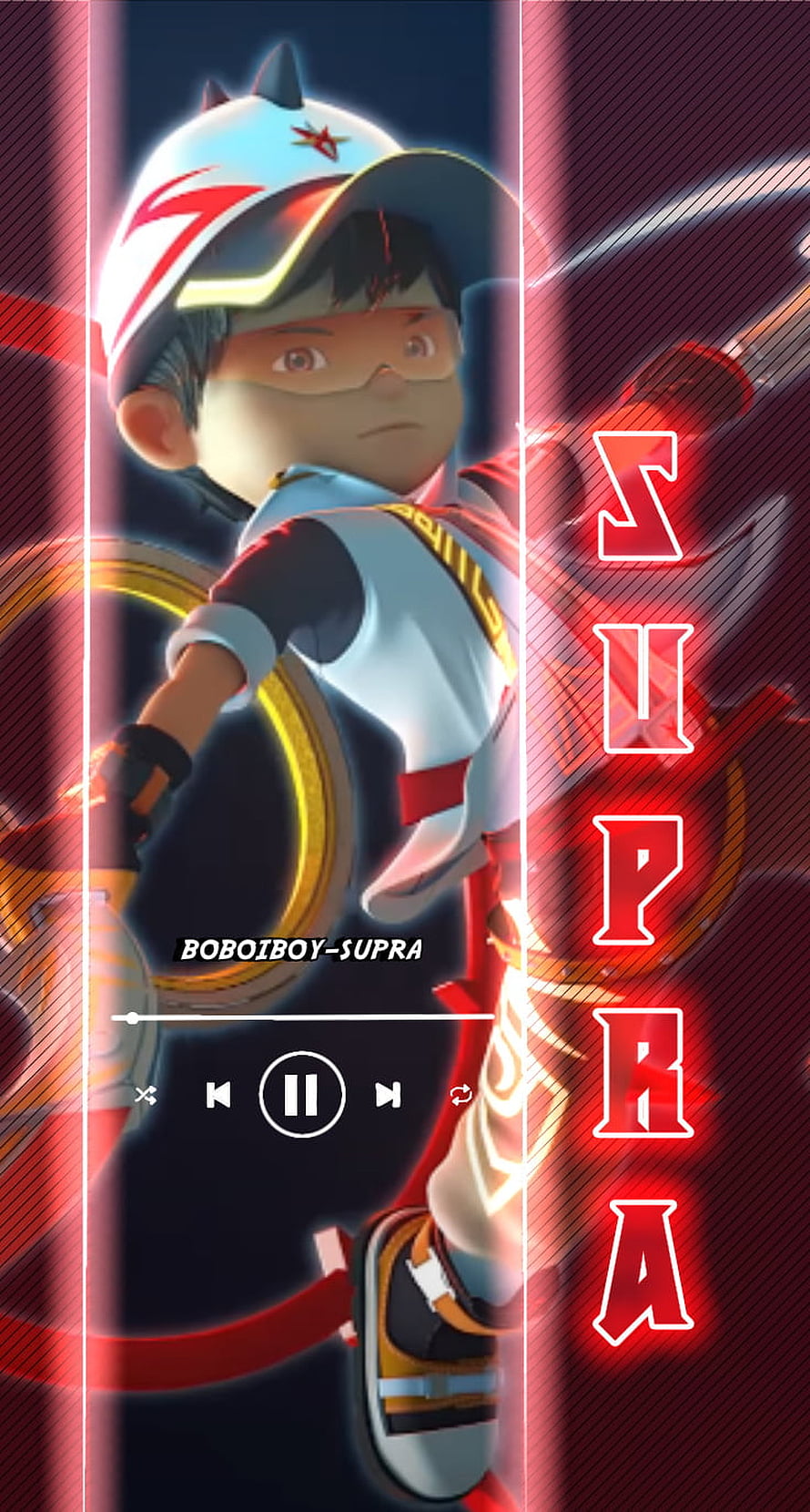 Boboiboy Supra 3D Animated Character in Dynamic Action Pose with Neon Red and Blue Lighting HD phone wallpaper