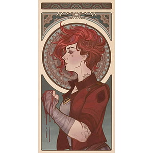 Vi from Arcane in Steampunk Art Nouveau Portrait with Red Hair and Bandaged Fist HD phone wallpaper