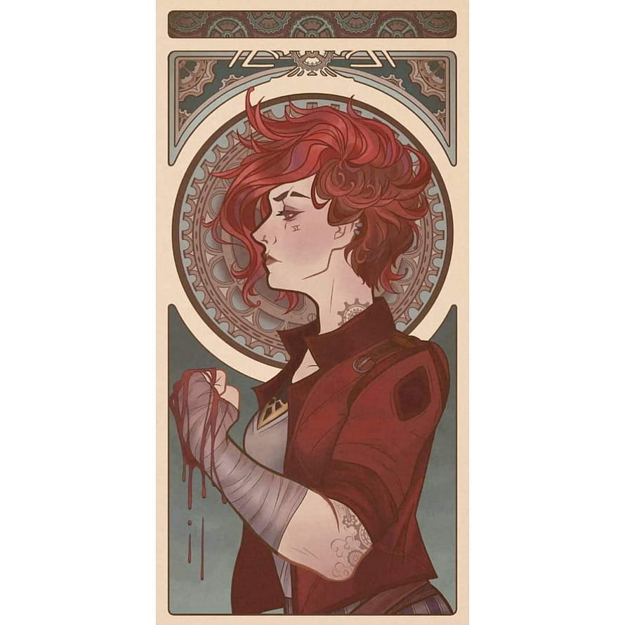 Vi from Arcane in Steampunk Art Nouveau Portrait with Red Hair and Bandaged Fist HD phone wallpaper