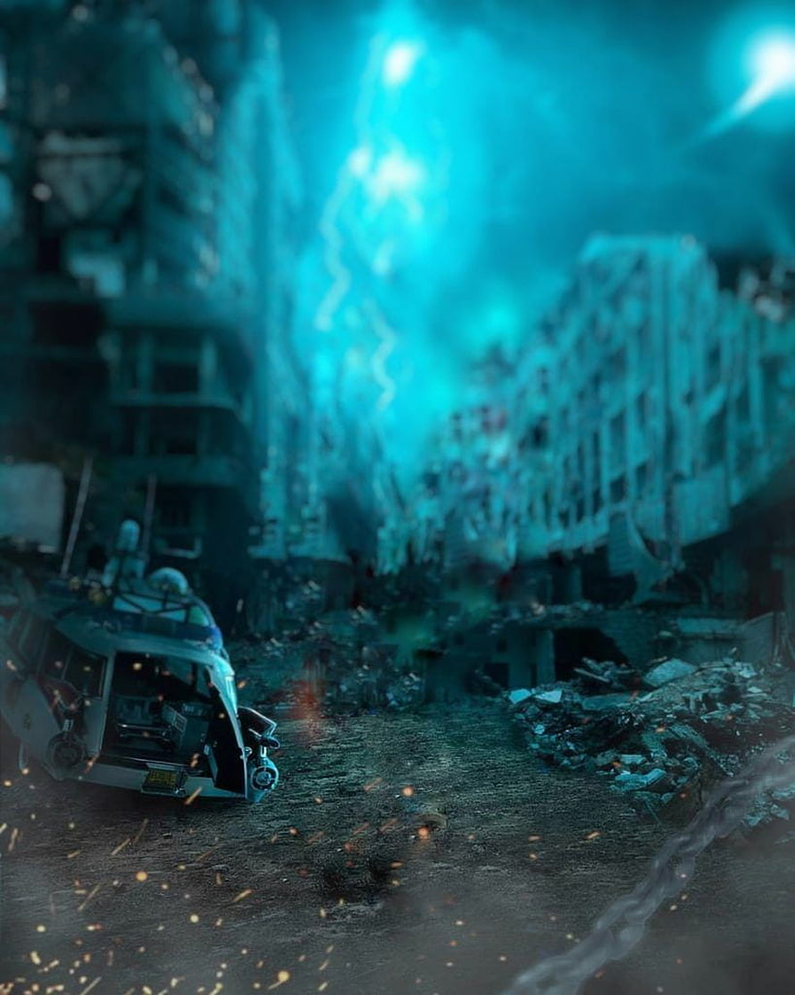 Post-Apocalyptic City Ruins with Lightning Storm and Abandoned Vehicle HD phone wallpaper