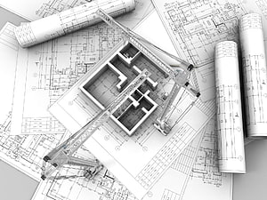 Architectural Blueprint and 3D Building Model with Construction Crane HD wallpaper