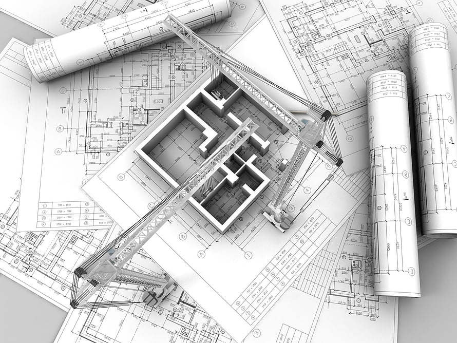 Architectural Blueprint and 3D Building Model with Construction Crane HD wallpaper
