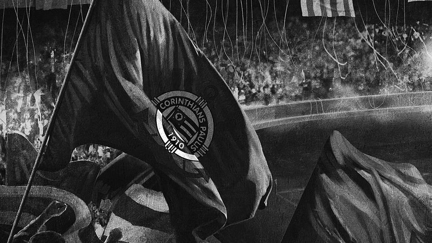 Corinthians Paulista Flag Waving in Stadium Crowd Black and White HD wallpaper