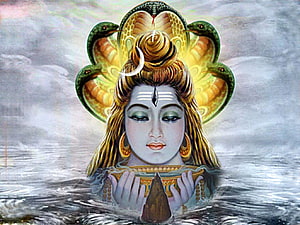 Lord Shiva Holding the Halahala Poison in a Vessel with Serpent Crown HD wallpaper