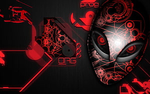 Dell Gaming Red Alienware Mask with Futuristic Circuit Patterns and Neon Glow HD wallpaper