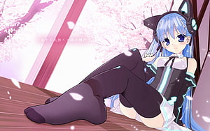Blue-Haired Anime Girl in Black Cat Ears and Tech Outfit Reclining Under Cherry Blossoms HD wallpaper