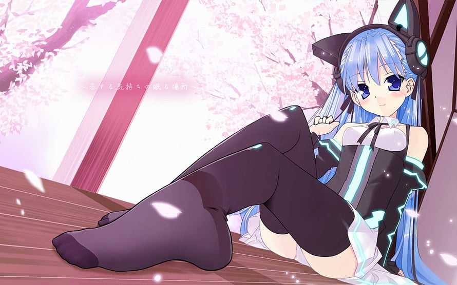 Blue-Haired Anime Girl in Black Cat Ears and Tech Outfit Reclining Under Cherry Blossoms HD wallpaper