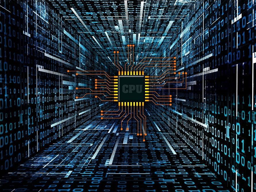 Central Processing Unit Chip in Digital Binary Data Corridor HD wallpaper