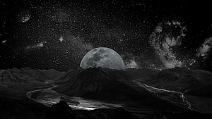 Monochrome Alien Landscape with Rising Moon and Starry Galaxy Sky HD wallpaper