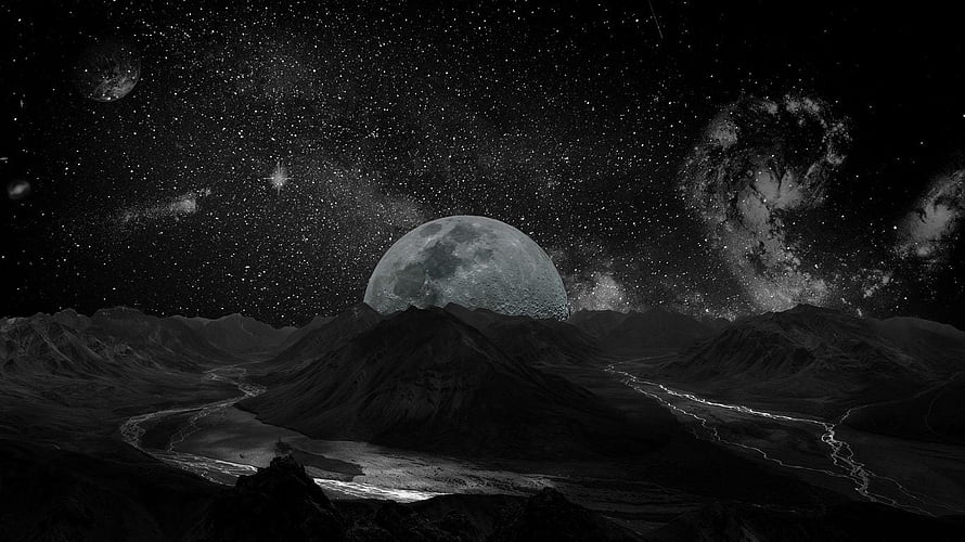 Monochrome Alien Landscape with Rising Moon and Starry Galaxy Sky HD wallpaper