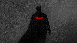 Batman Silhouette in Heavy Rain with Glowing Red Emblem on Dark Grey Background, The Batman 2022 , thebatman, thebatman2022 HD wallpaper