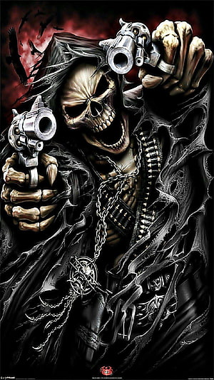 Grim Reaper Skeleton Holding Dual Revolvers in Dark Hooded Cloak HD phone wallpaper