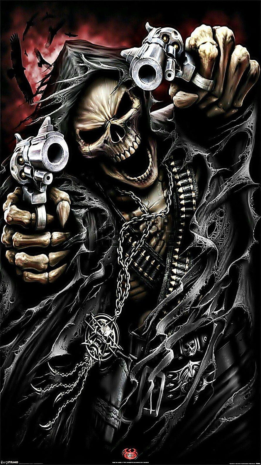 Grim Reaper Skeleton Holding Dual Revolvers in Dark Hooded Cloak HD phone wallpaper