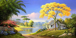 Painted Riverside Cottage with Golden Tree and Lush Countryside Landscape HD wallpaper