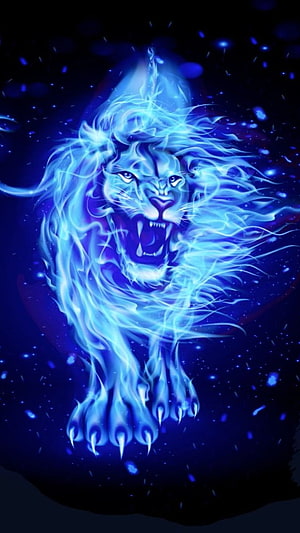 Glowing Blue Flame Lion Roaring in Dark Cosmic Space Digital Fantasy Art HD phone wallpaper