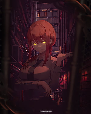 Makima from Chainsaw Man in a dark industrial alley with glowing yellow eyes HD phone wallpaper
