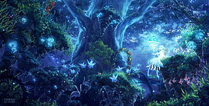 Enchanted Night Forest with Glowing Fairy and Bioluminescent Flora HD wallpaper
