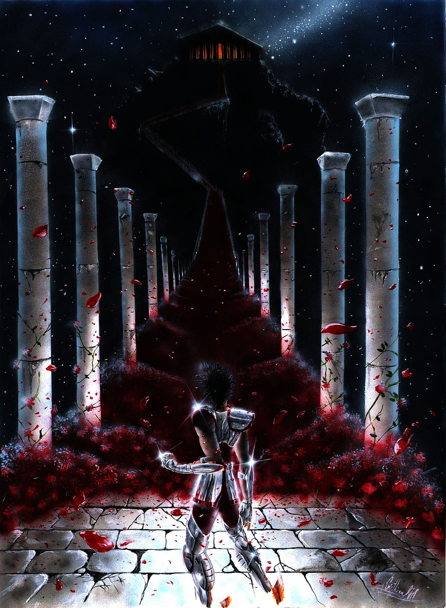 Pegasus Seiya in Silver Armor Standing Before Ancient Ruins and Dark Tower HD phone wallpaper