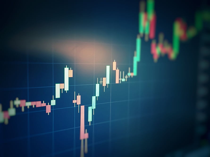 Japanese Candlestick Chart on Dark Blue Trading Screen with Rising Market Trend HD wallpaper