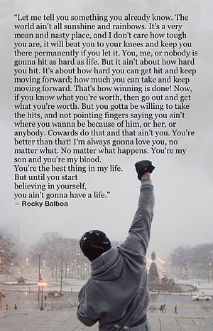 Rocky Balboa Motivational Quote Over Snowy Cityscape With Raised Fist HD phone wallpaper