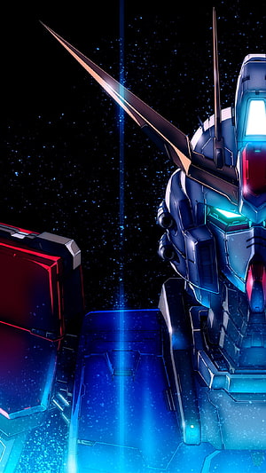 Gundam Mecha Head Close-Up in Deep Space with Neon Blue and Red Accents HD phone wallpaper