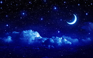 Crescent Moon and Starry Night Sky with Glowing Clouds HD wallpaper