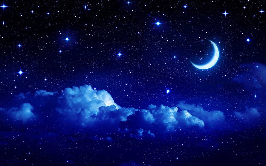 Crescent Moon and Starry Night Sky with Glowing Clouds HD wallpaper
