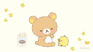 Rilakkuma and Korilakkuma with Popcorn and Stars on a Cream Background HD wallpaper