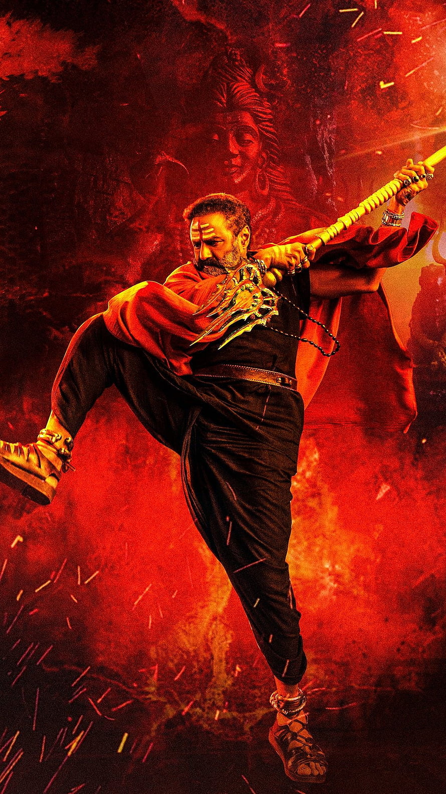 Akhanda Balakrishna Warrior Action Poster with Gada and Fiery Red Background HD phone wallpaper