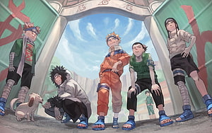 Naruto Shippuden Team 7 and Team 8 Standing at the Hidden Leaf Village Gate HD wallpaper