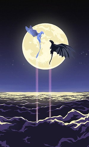 Light Fury and Toothless Silhouetted Against a Full Moon Over the Ocean HD phone wallpaper