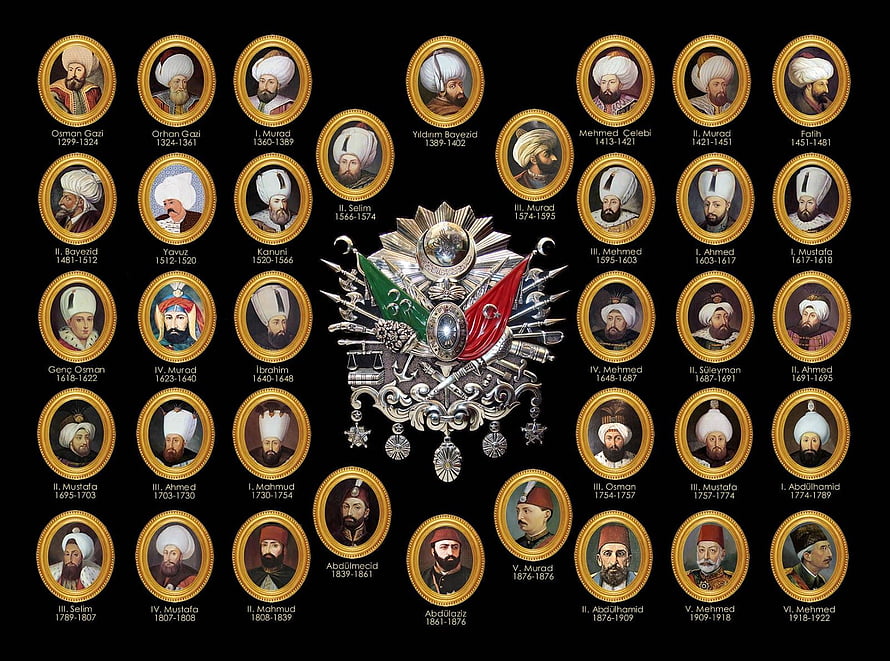 Complete Lineage of Ottoman Sultans with Imperial Emblem and Portraits HD wallpaper