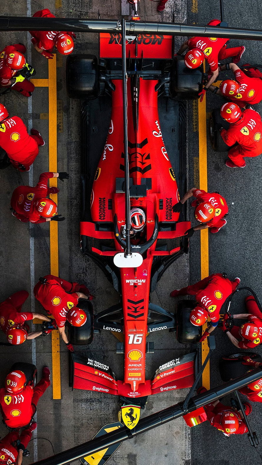 Scuderia Ferrari Formula 1 Pit Stop Aerial View with Crew in Red Overalls HD phone wallpaper