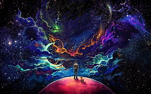 Man and Dog Standing on a Cosmic Planet Gazing at a Vibrant Nebula and Starry Deep Space HD wallpaper