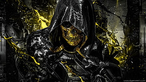 Dark Hooded Skull with Golden Accents and Liquid Metal Splatter HD wallpaper
