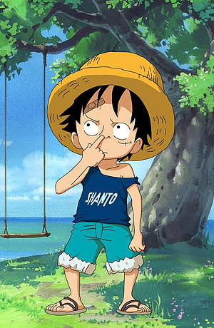Young Luffy from One Piece in a Straw Hat and Blue Shirt Under a Tree HD phone wallpaper