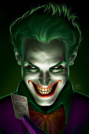 Joker Grinning Portrait with Playing Card and Green Hair HD phone wallpaper